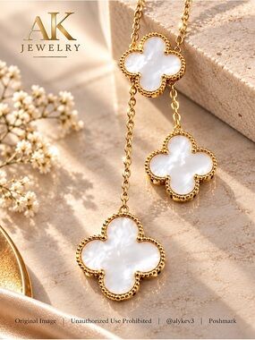 💎18K LUXURY White Mother of Pearl Clover Y-Drop Lariat Necklace | by AK Jewelry™